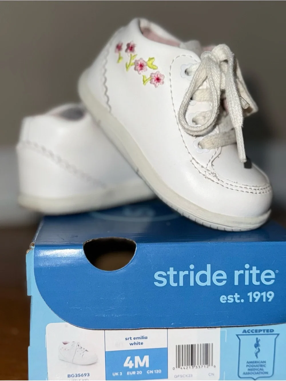 Stride Rite Emilia White Lace-Up Baby Shoes with Pink Floral Embroidery